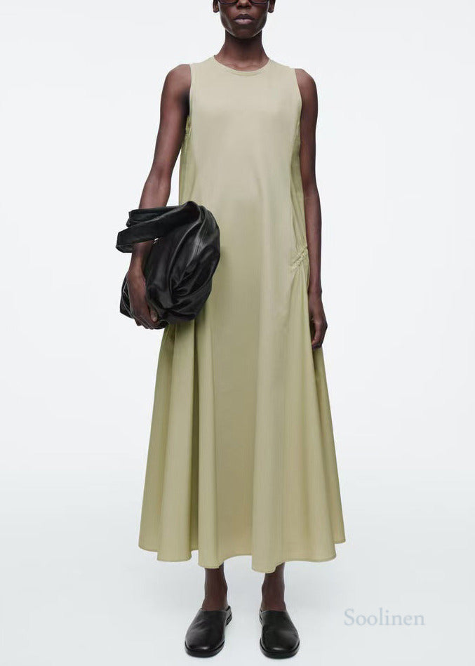 Light Green Wrinkled Drawstring Cotton Vacation Dresses Sleeveless