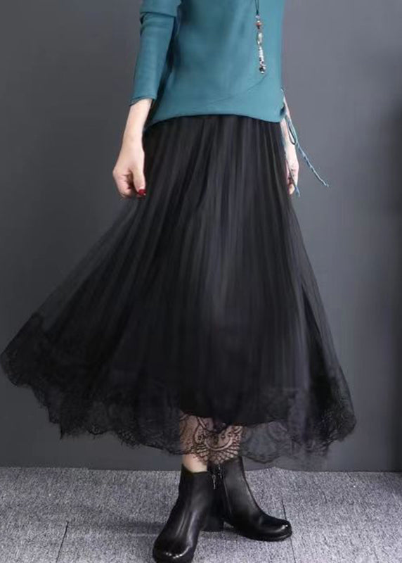 Black Elastic Waist Lace Patchwork Tulle Skirts Fall