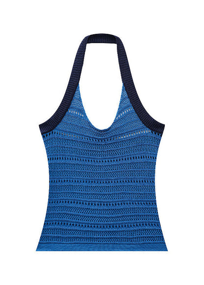 Blue Backless Hollow Out Knit Top Summer