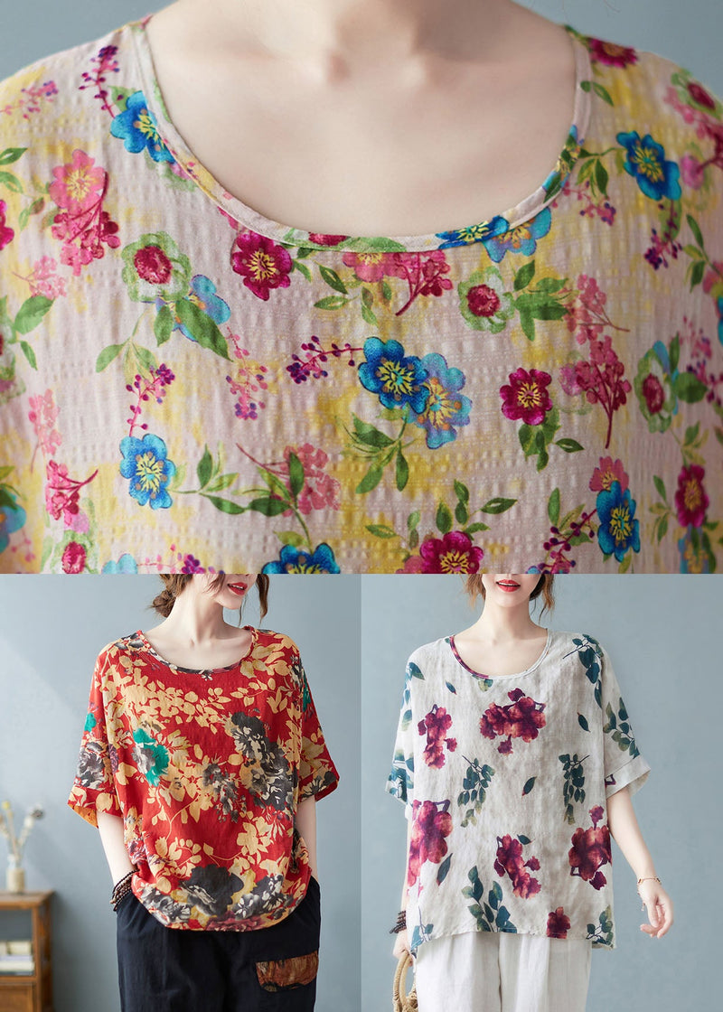 White Print Cotton Tanks O-neck Low High Design Short Sleeve