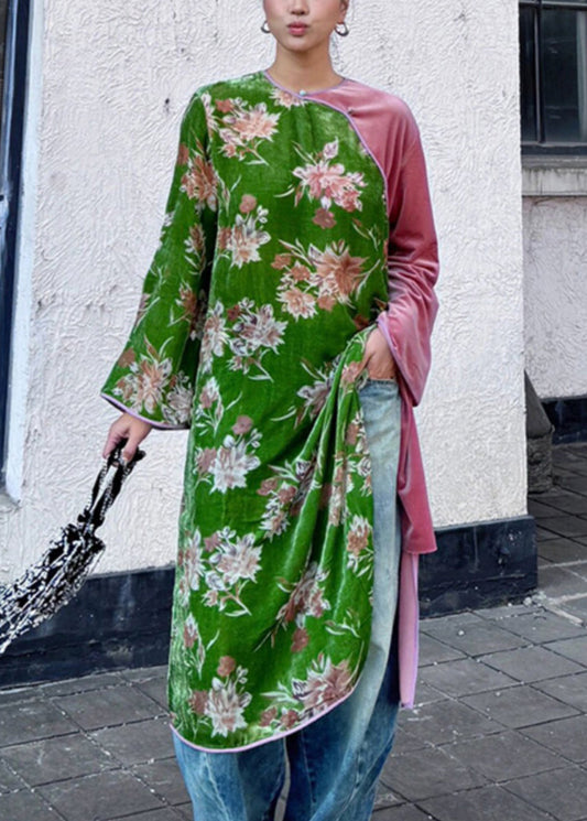 New Green Print Side Open Patchwork Silk Velour Dress Long Sleeve