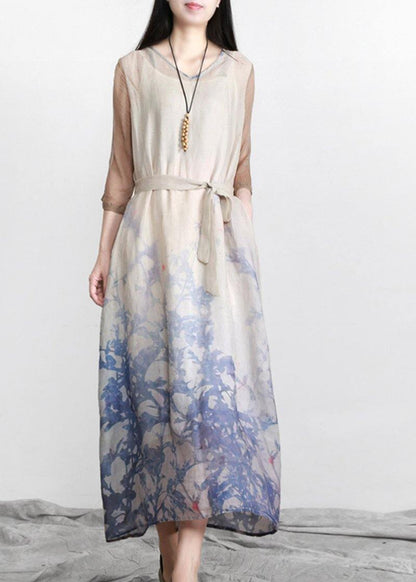 Unique Blue Print Half Sleeve Patchwork Vacation Linen Dresses