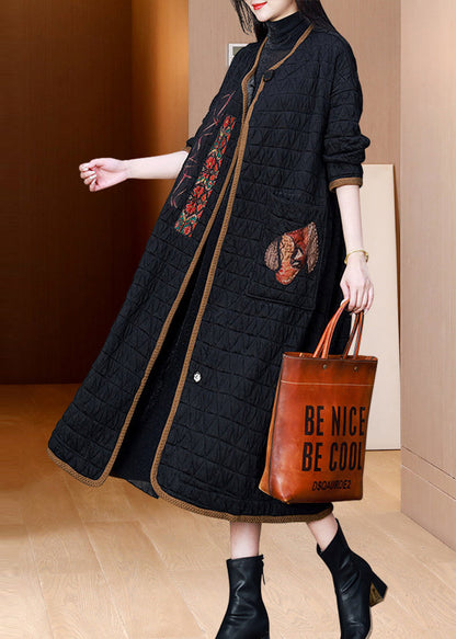 Black O Neck Pockets Patchwork Fine Cotton Filled Coat Winter
