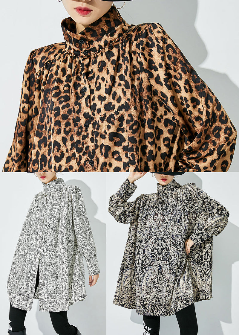 Black Stand Collar Print Chiffon Shirts Spring