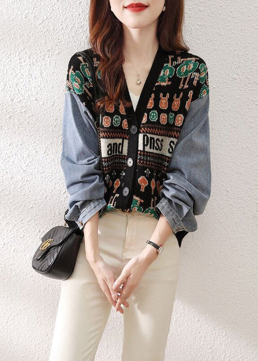 Black V Neck Button Patchwork Knit Sweaters Cardigan Fall