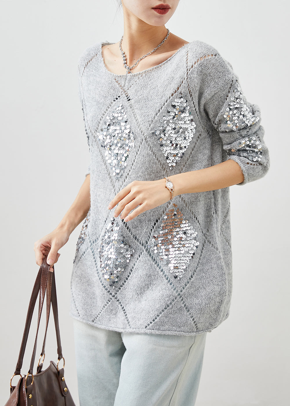 Grey Sequins Warm Knit Short Sweater Winter