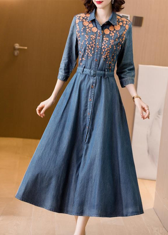Fitted Blue Embroideried Tie Waist Patchwork Denim Dress Bracelet Sleeve