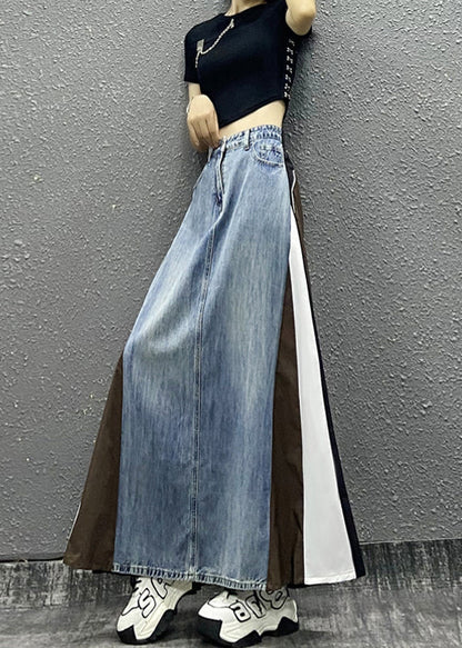 Boutique Blue Pockets Striped Patchwork Denim a Line Skirts Fall