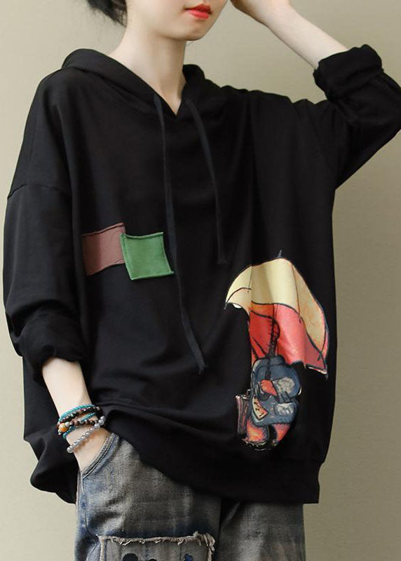 Black Hooded Cotton Sweatshirt Street Wear Spring