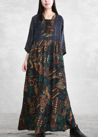 Blue Wrinkled Pockets Patchwork Long Dress Three Quarter Sleeve