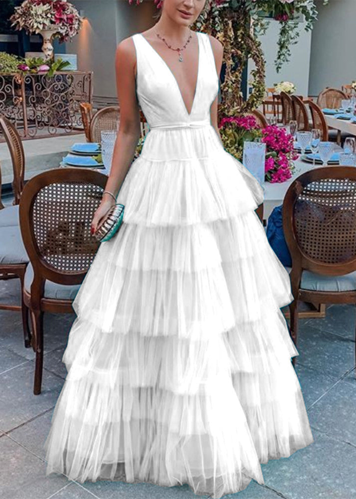 New White V Neck Tulle Maxi Dresses Sleeveless