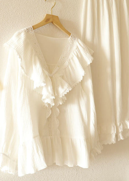 Art White Ruffled Patchwork Lace Cotton Pajamas Sets Spring