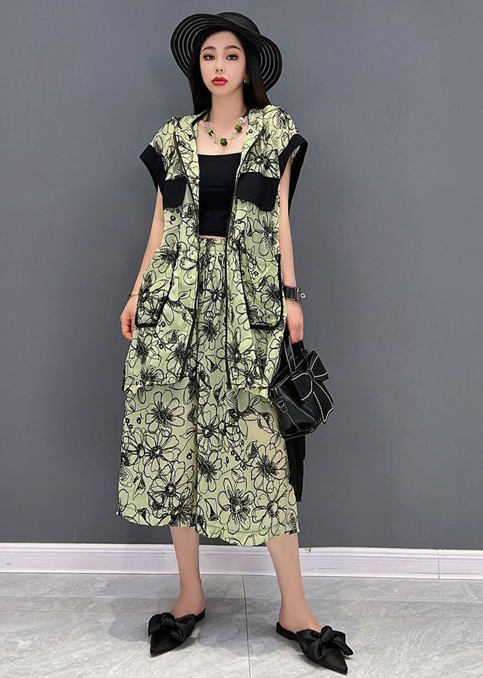 Green Hooded Patchwork Print Low High Design Chiffon Two Pieces Set Summer
