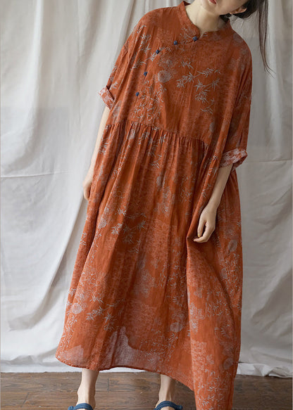 Orange Button Wrinkled Cotton Long Dress Half Sleeve