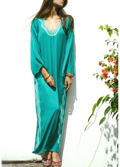Italian Green Embroideried Long Sleeve Cotton Dress Beach Gown Summer