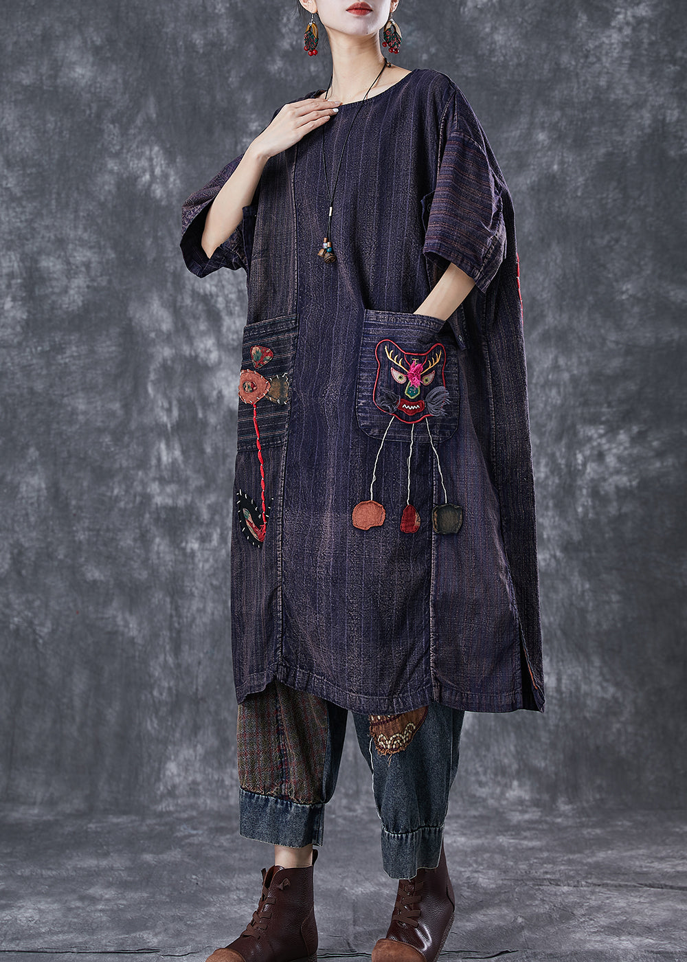 Embroideried Patchwork Applique Wear on Both Sides Cotton Dress Summer