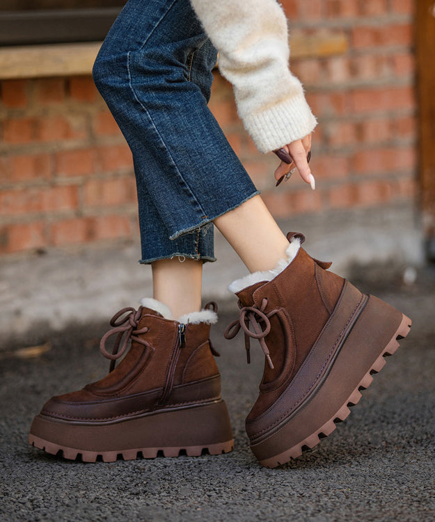 Stylish Fuzzy Wool Lined Splicing Platform Boots Brown Cowhide Leather