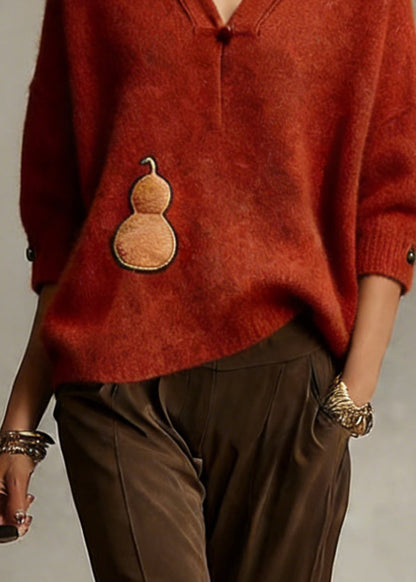 Organic Red V Neck Cotton Knit Sweater Spring