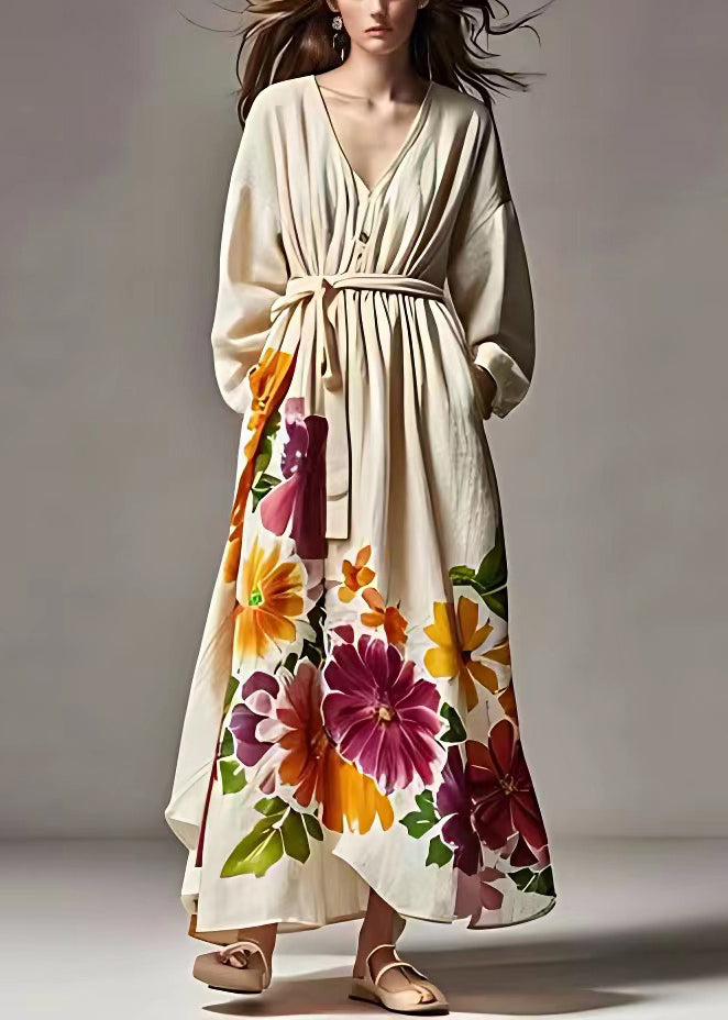 Beige Print Pockets Tie Waist Cotton Long Dresses Fall