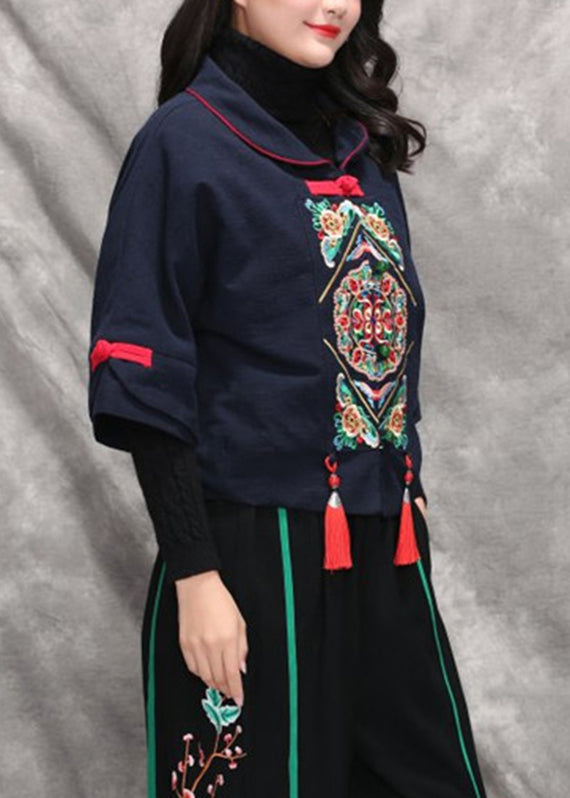 Navy Peter Pan Collar Tassel Coats Long Sleeve