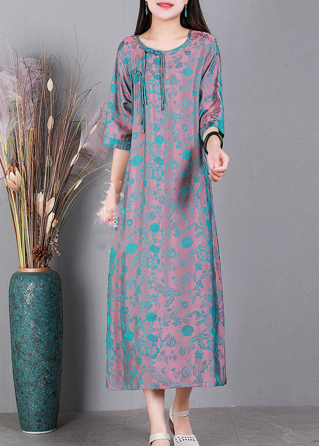 Blue O-neck Print Side Open Silk Dress Half Sleeve