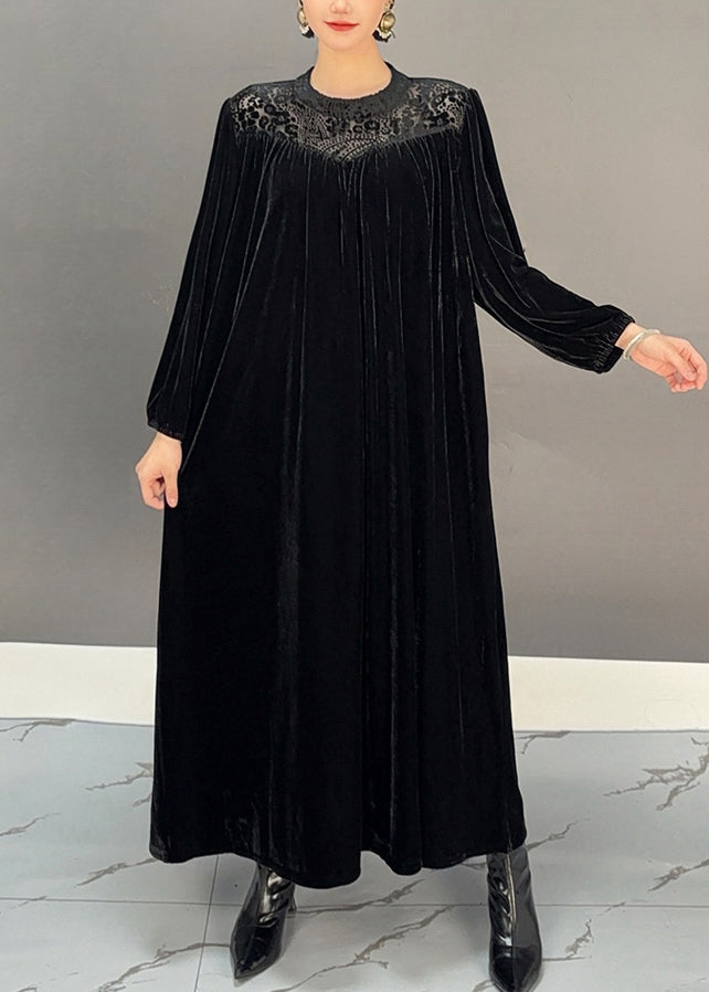 Purple O-neck Wrinkled Silk Velour Maxi Dresses Winter