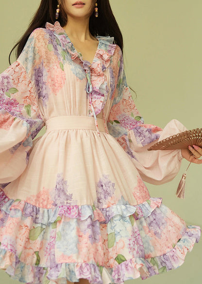 Loose Pink Ruffled Print Shirts and Skirts Cotton Two Piece Set Puff Sleeve