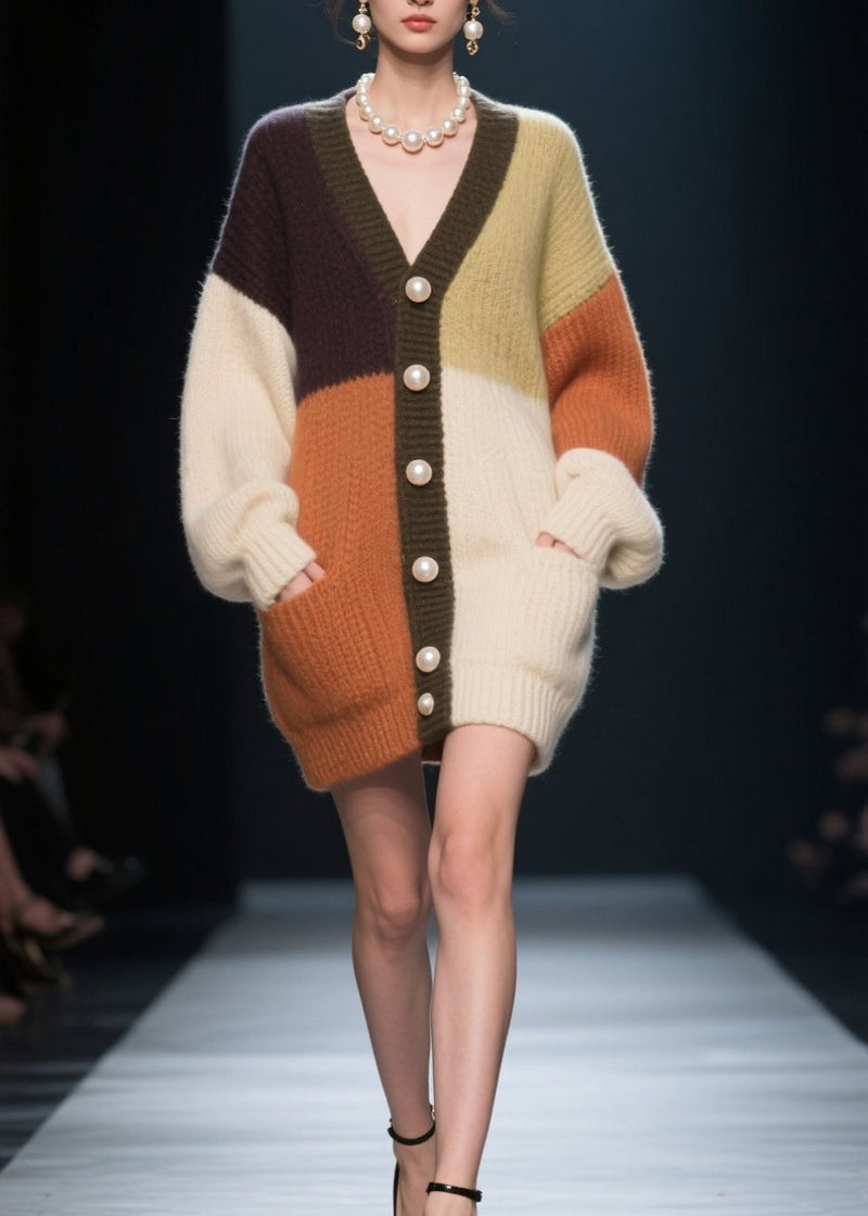 Colorblock V Neck Button Patchwork Knit Loose Coat Fall