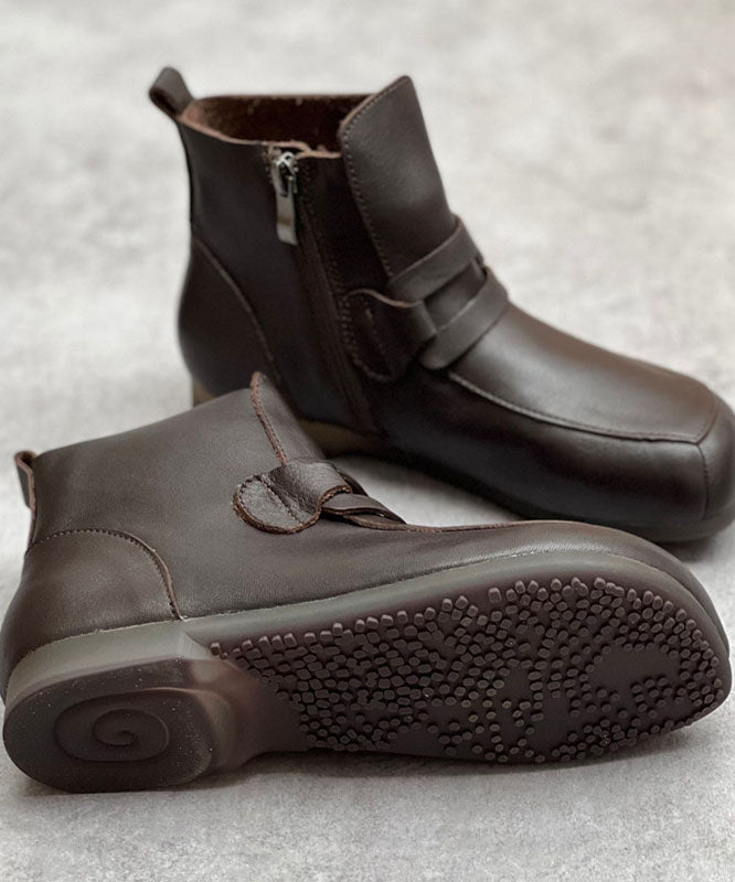 Handmade Cowhide Leather Boots Black Zippered Boots