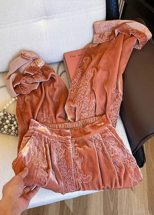 Orange Embroidered Elastic Waist Velvet Pants Spring