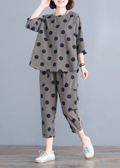 Black O-neck Button Plaid Dot Cotton Top Elastic Waist Pants Two Pieces Set Half Sleeve