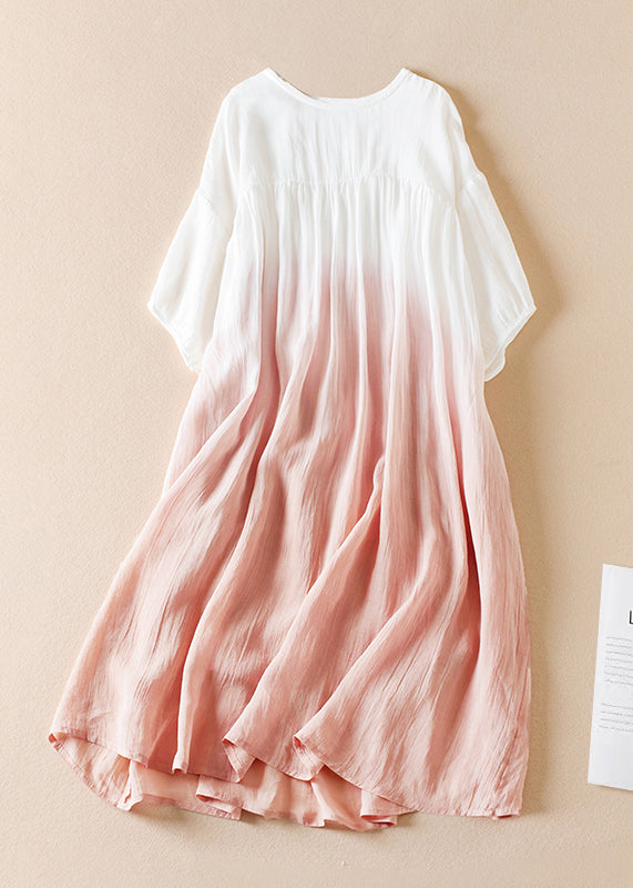 Original Brown Gradient O Neck Wrinkled Cotton Long Dress Half Sleeve