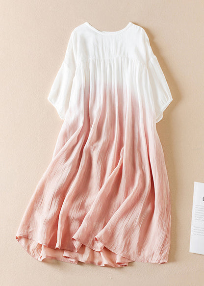 Original Brown Gradient O Neck Wrinkled Cotton Long Dress Half Sleeve