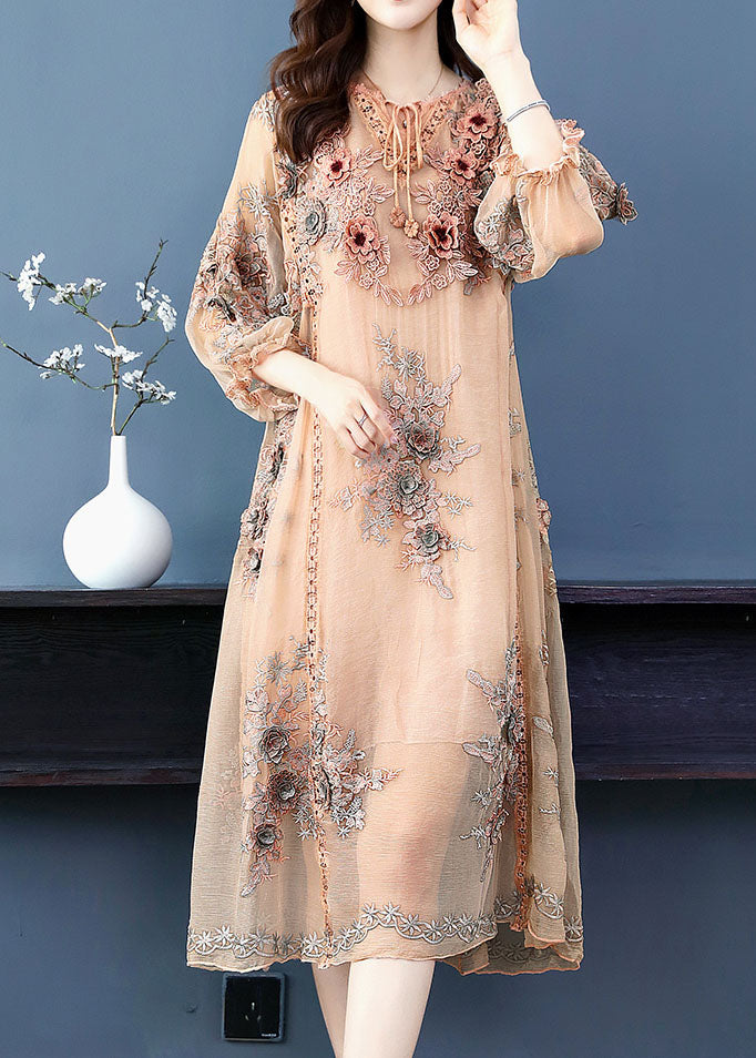 Handmade Apricot V Neck Embroideried Silk Maxi Dress Long Sleeve Spring