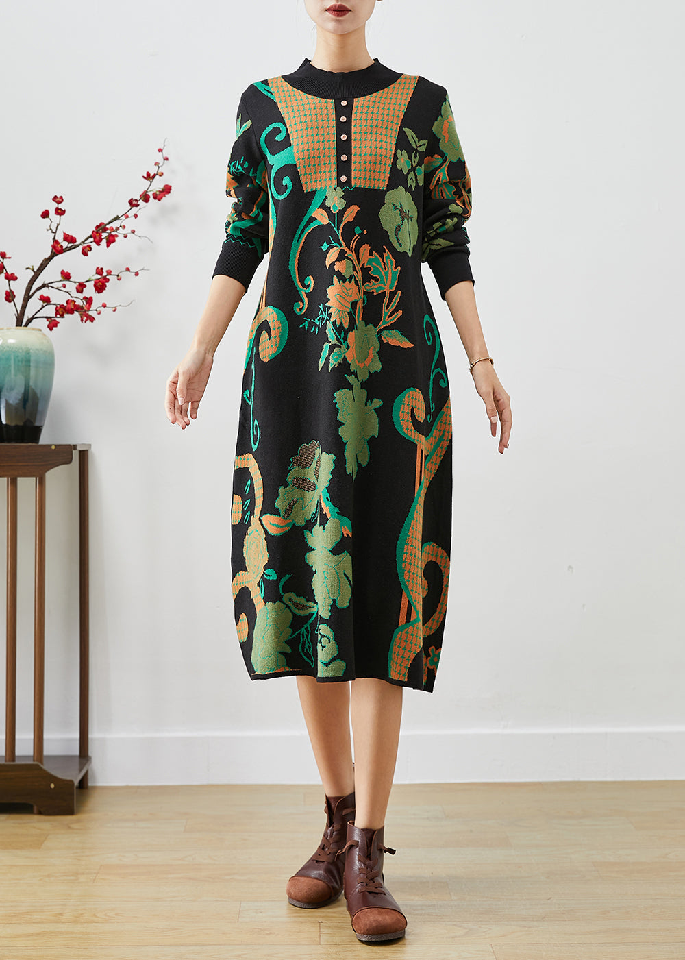 Fine Black Print Slim Fit Cotton a Line Dress Fall