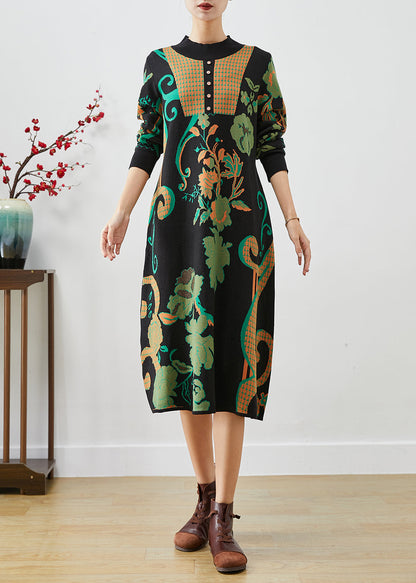 Fine Black Print Slim Fit Cotton a Line Dress Fall