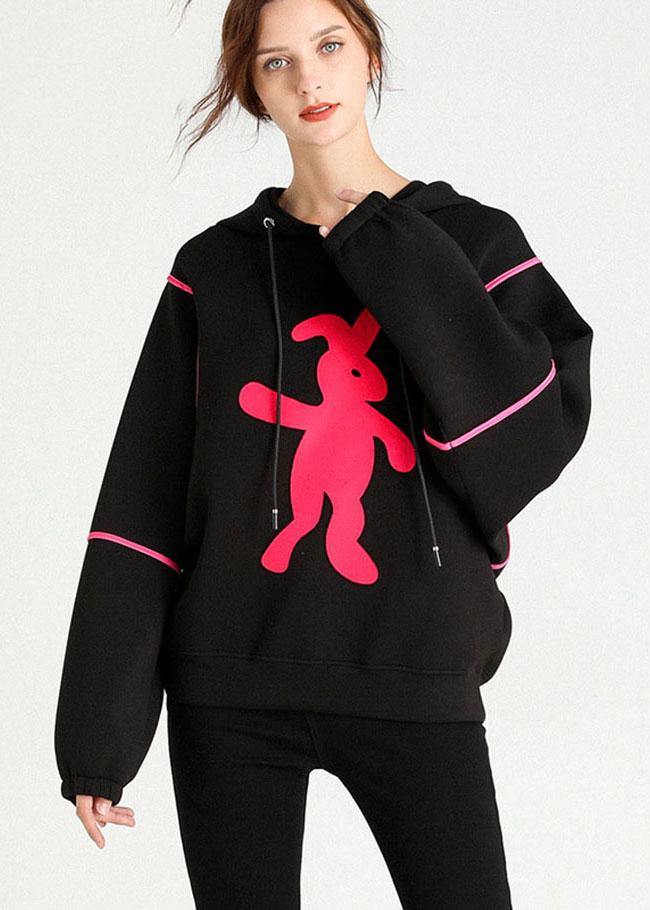 Black Print Loose Hooded Fall Pullover Street Wear