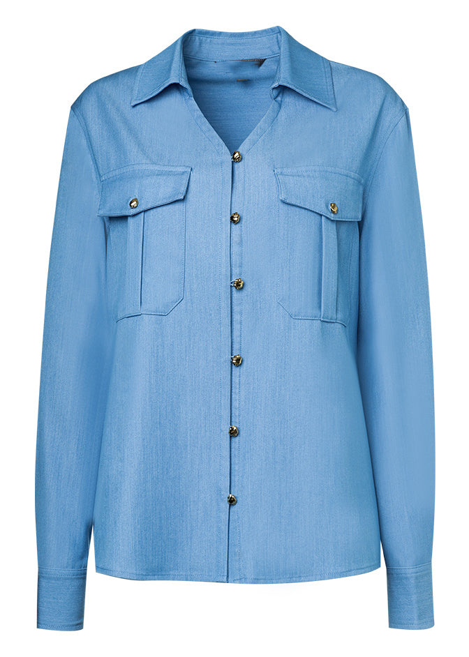 Denim Blue Peter Pan Collar Button Shirt Fall