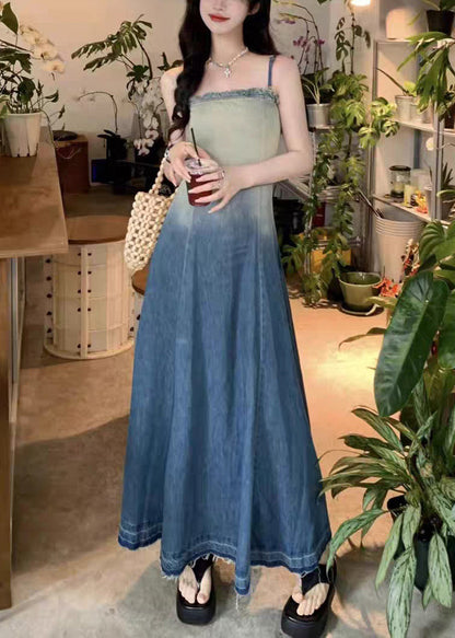 Gradient Color Original Design High Waist Denim Spaghetti Strap Dress Sleeveless
