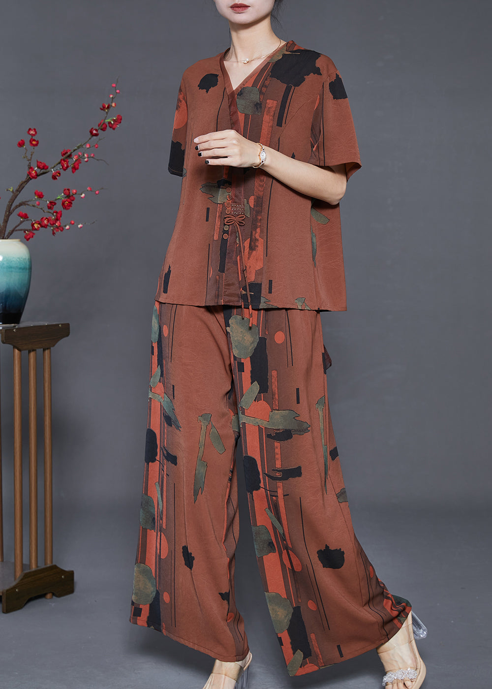 Caramel V Neck Print Silk Two Pieces Set Summer
