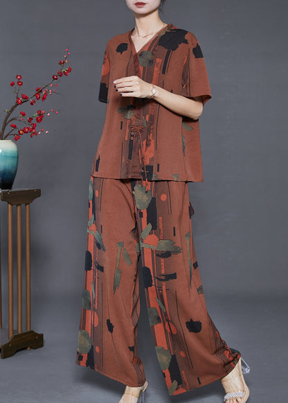 Caramel V Neck Print Silk Two Pieces Set Summer