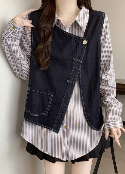 Asymmetrical Striped Cotton Fake Two Piece Top Fall