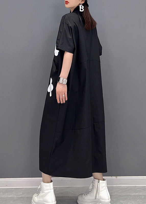 Black Patchwork Pockets Button Cotton Dress Short Sleeve Summer