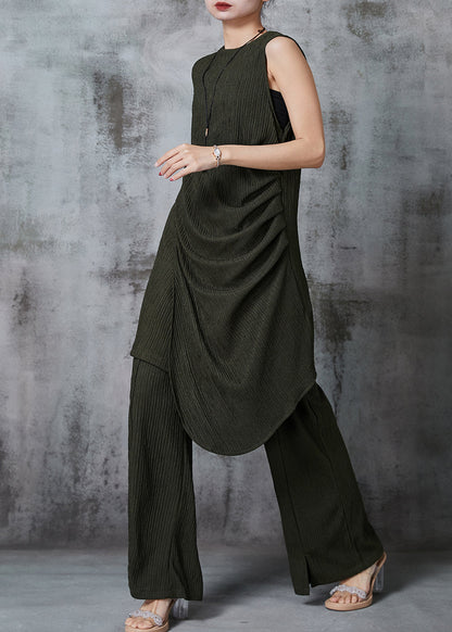 Diy Blackish Green Asymmetrical Wrinkled Two Pieces Set Summer