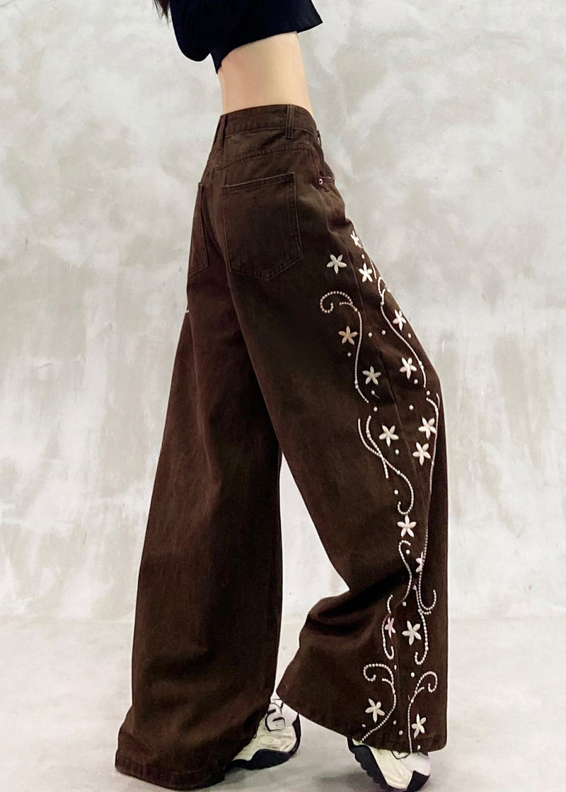 Brown Oversized Print Denim Wide Leg Pants Spring