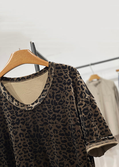 Loose Leopard O Neck Side Open Silk Velour T Shirt Summer