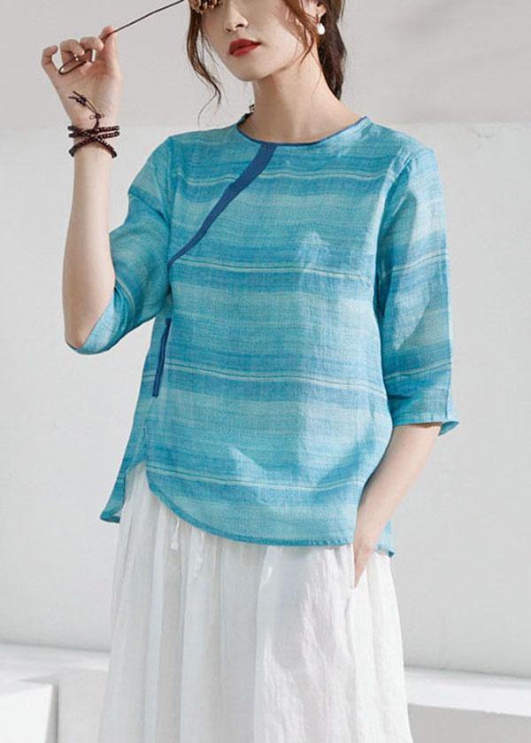 Blue Striped Chinese Style O-neck Summer Ramie Blouse Half Sleeve