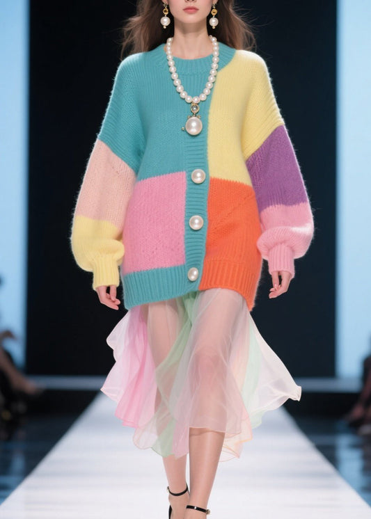 Handmade Colorblock O Neck Patchwork Knitted Tops Fall