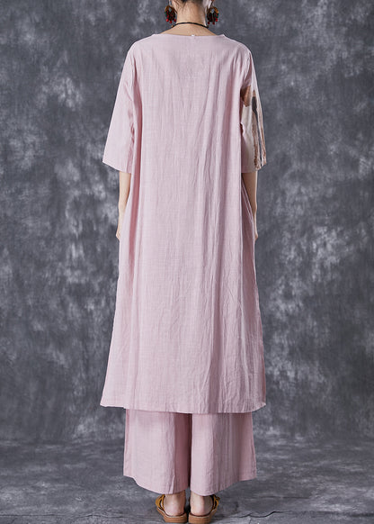 Italian Pink Oversized Print Linen Dress and Pants Sets 2 Pieces Summer
