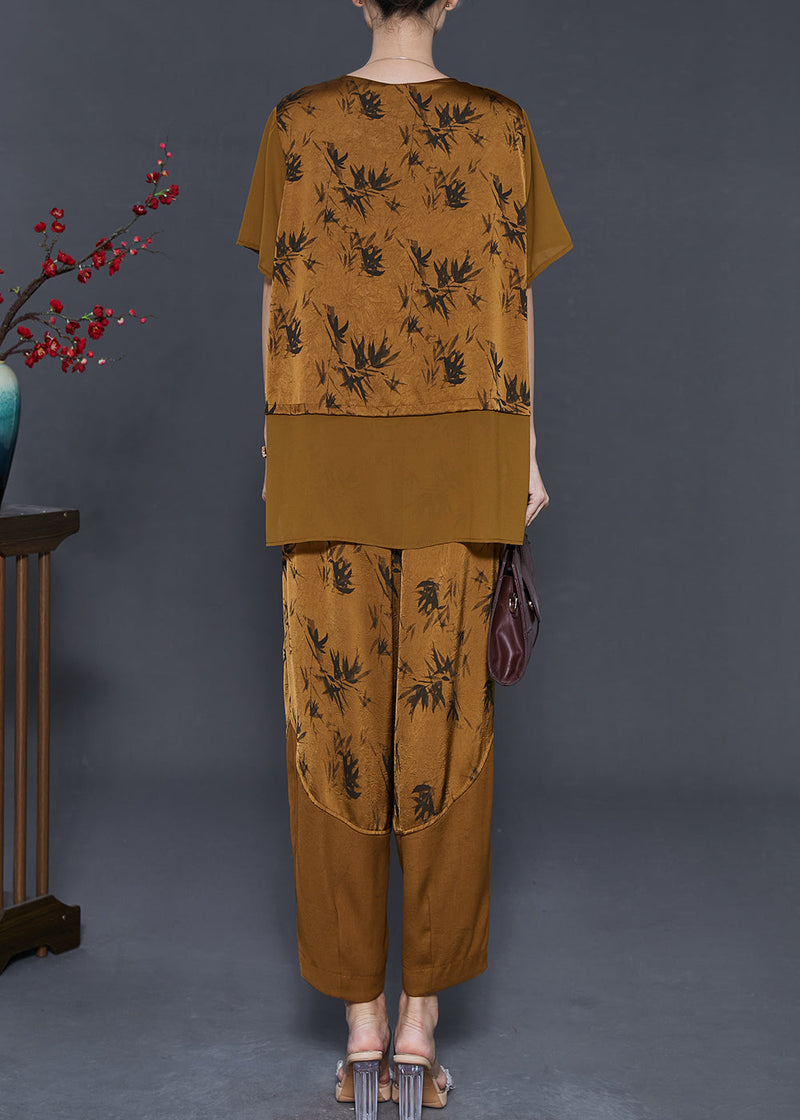 Yellow Print Patchwork Silk Two Pieces Set Summer